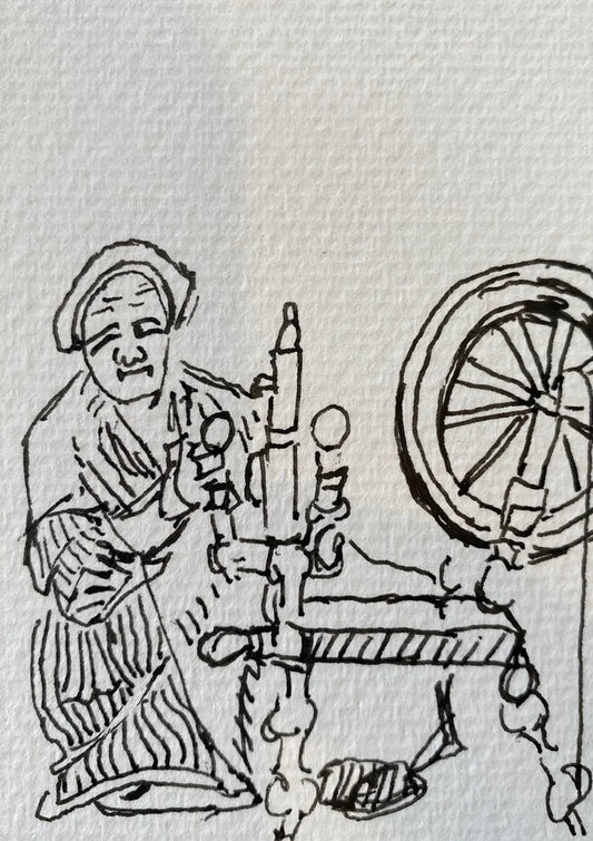 Woman Spinning Thread_Solomon Whitaker_2026_3.5 x 2.5in_ink on paper
