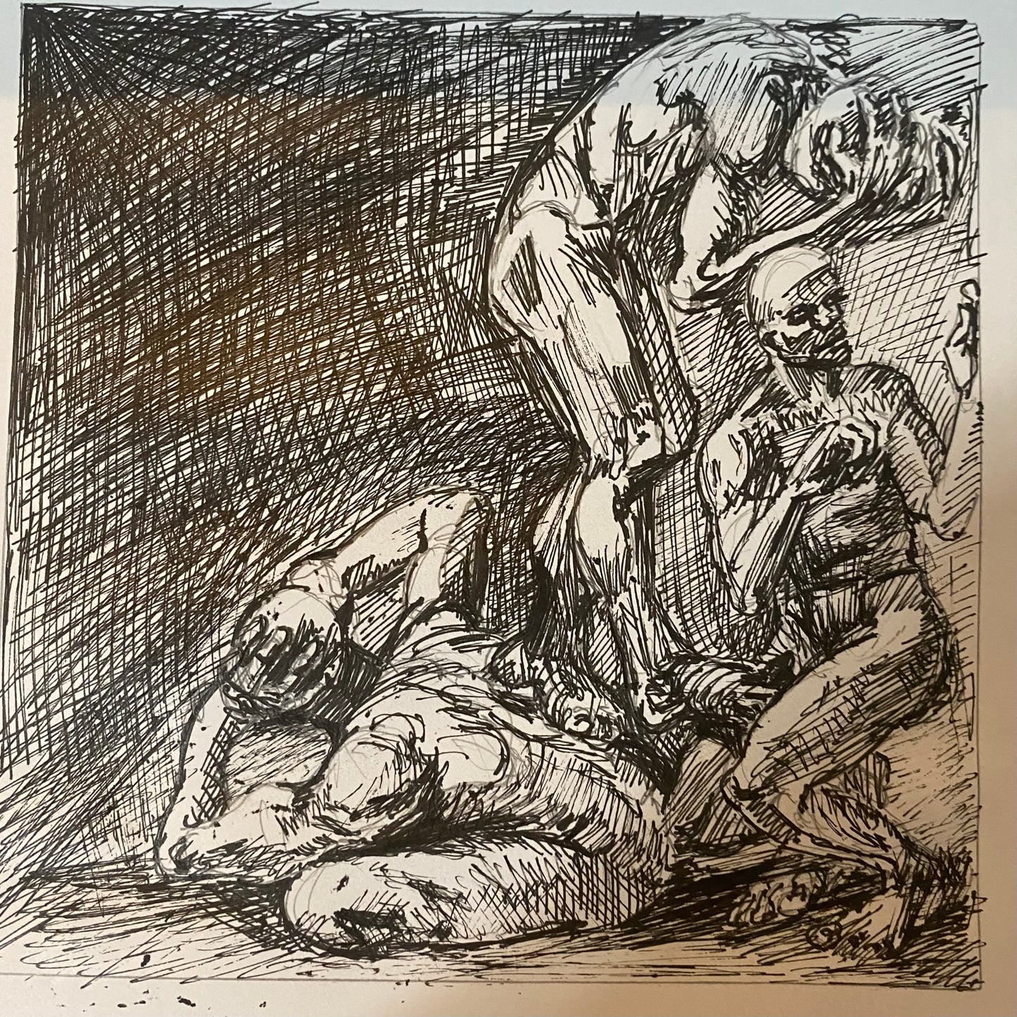 Three Figures 001_Solomon Whitaker_2026_7x7in drawing on 9x12in paper_ink on paper