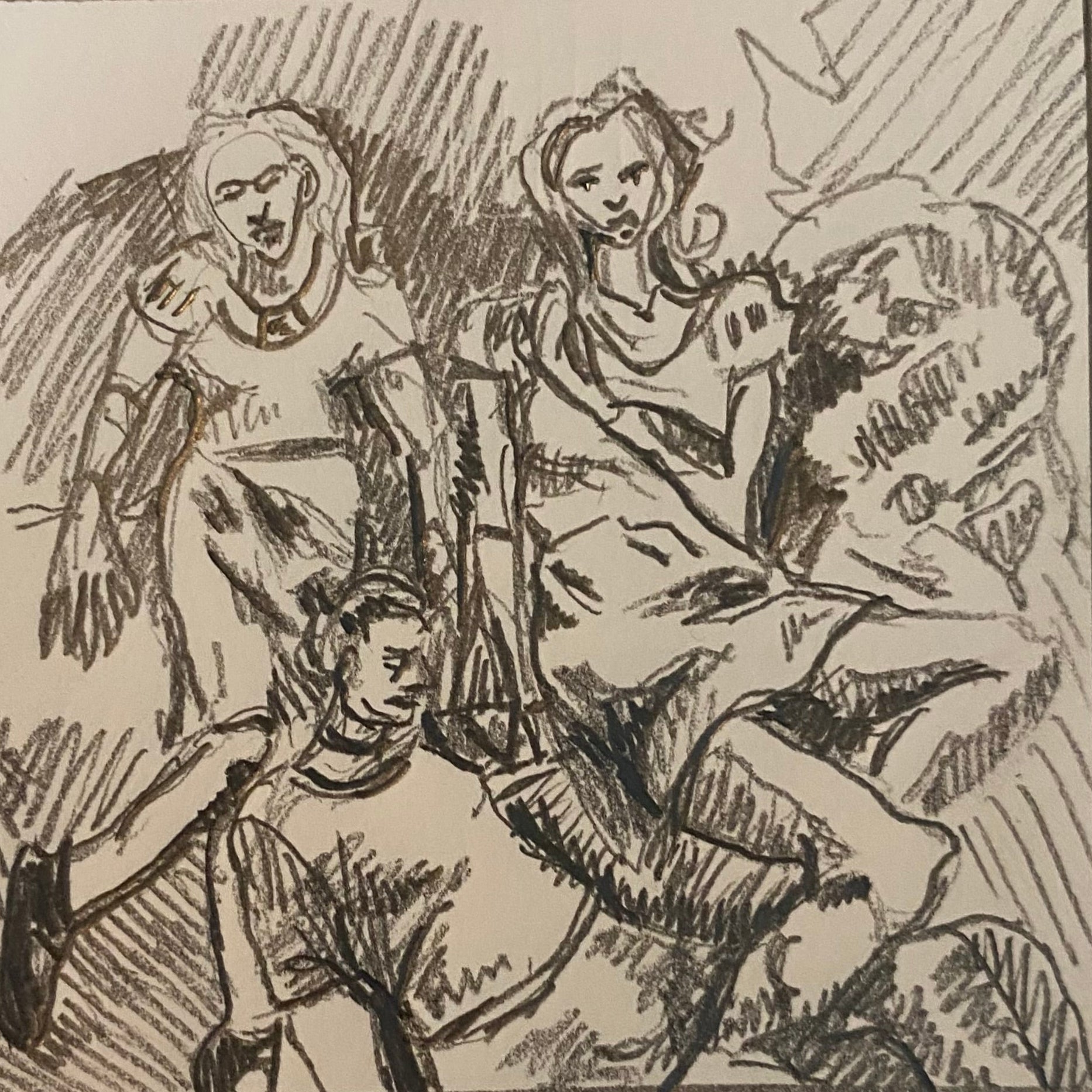 A black ink sketch on aged beige paper, depicting a group of stylized human figures in a dynamic, sketch-like composition.