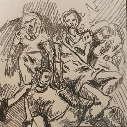 A black ink sketch on aged beige paper, depicting a group of stylized human figures in a dynamic, sketch-like composition.